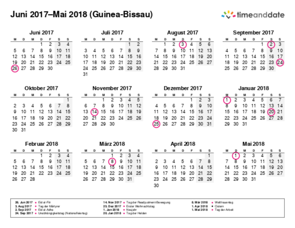 Kalender für 2017 in Guinea-Bissau