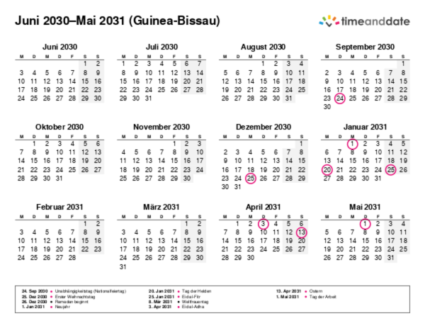 Kalender für 2030 in Guinea-Bissau