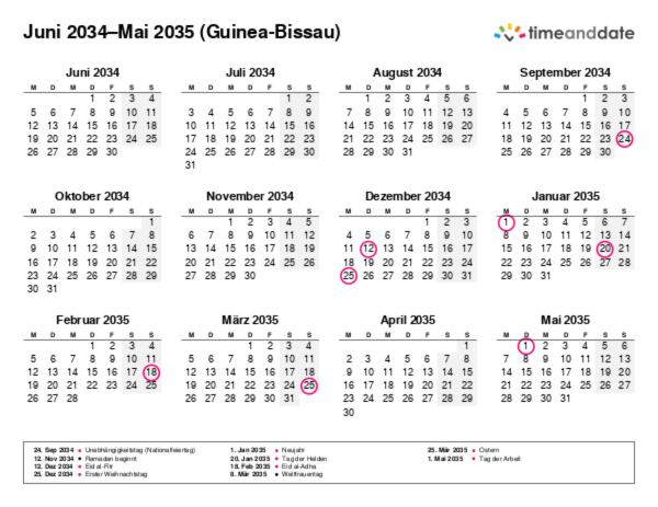 Kalender für 2034 in Guinea-Bissau