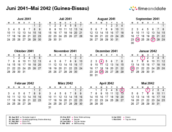 Kalender für 2041 in Guinea-Bissau