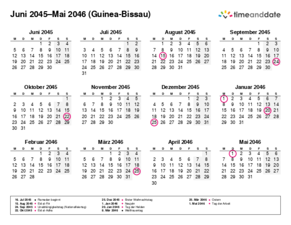Kalender für 2045 in Guinea-Bissau
