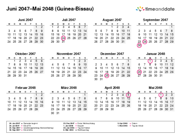 Kalender für 2047 in Guinea-Bissau