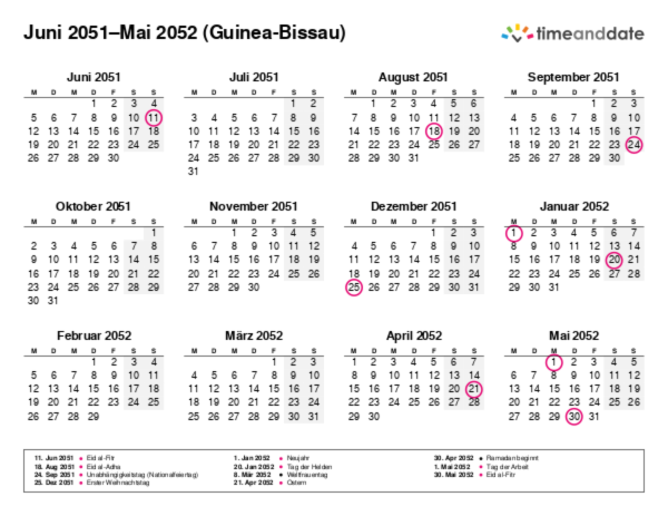 Kalender für 2051 in Guinea-Bissau