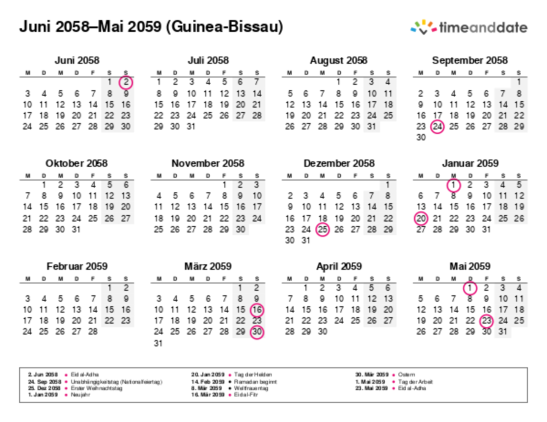 Kalender für 2058 in Guinea-Bissau
