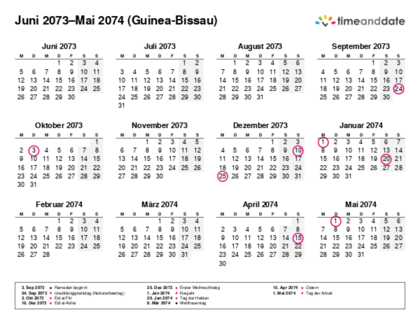 Kalender für 2073 in Guinea-Bissau