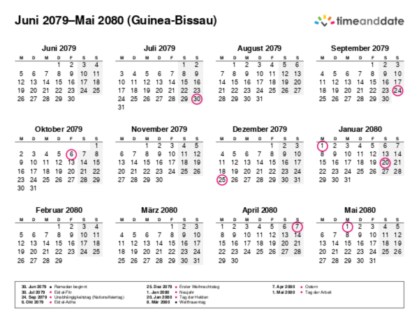 Kalender für 2079 in Guinea-Bissau