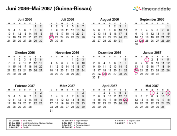 Kalender für 2086 in Guinea-Bissau
