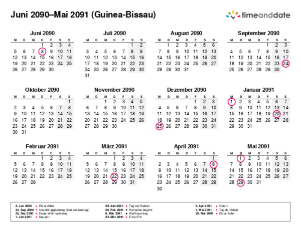Kalender für 2090 in Guinea-Bissau