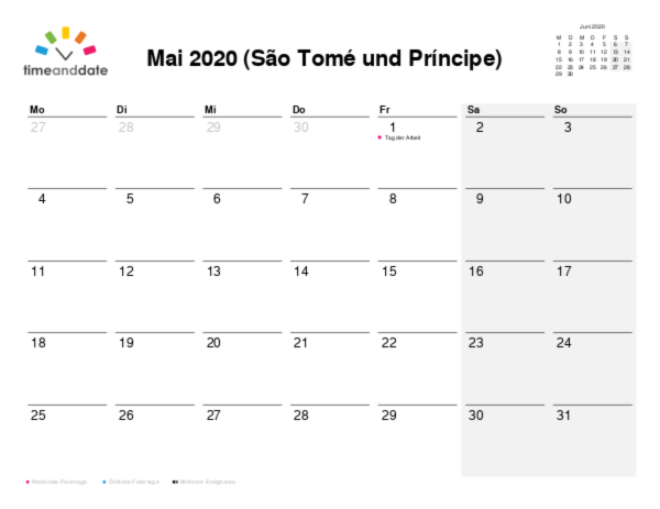 Kalender für 2020 in São Tomé und Príncipe