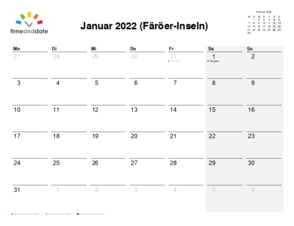 Kalender für 2022 in Färöer-Inseln