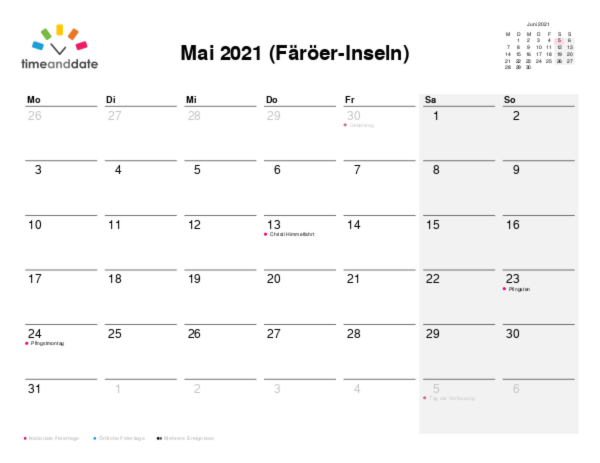 Kalender für 2021 in Färöer-Inseln