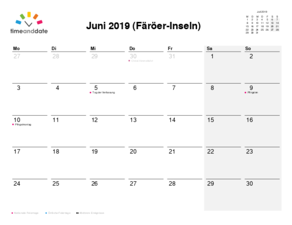 Kalender für 2019 in Färöer-Inseln