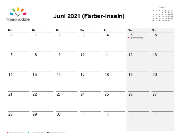Kalender für 2021 in Färöer-Inseln