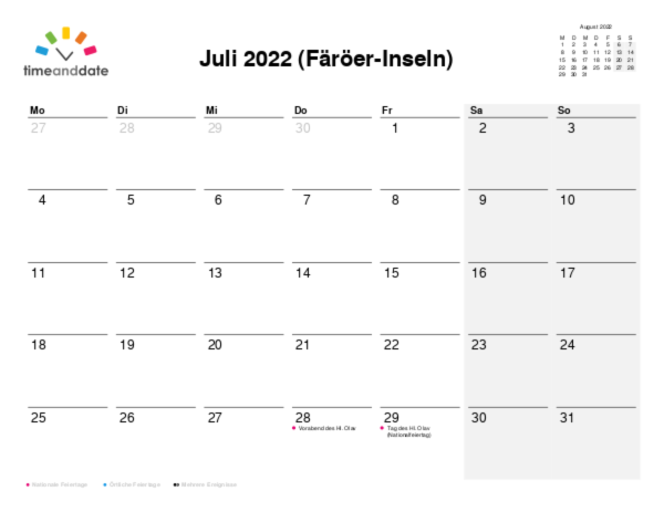 Kalender für 2022 in Färöer-Inseln