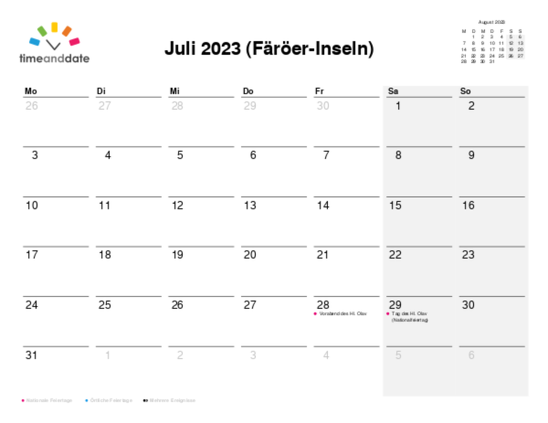 Kalender für 2023 in Färöer-Inseln