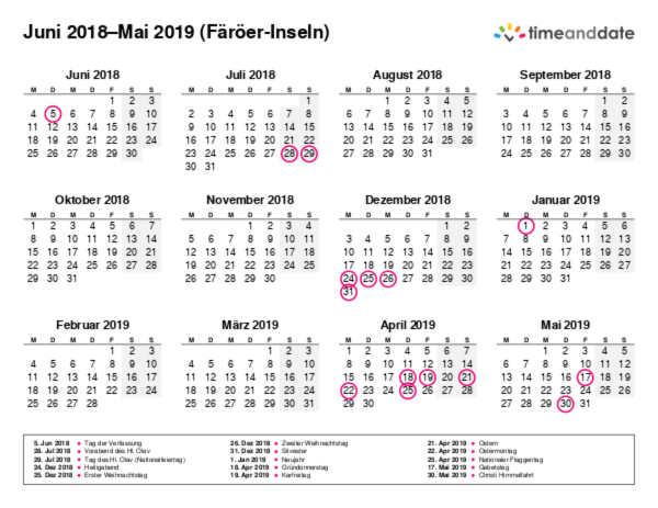 Kalender für 2018 in Färöer-Inseln