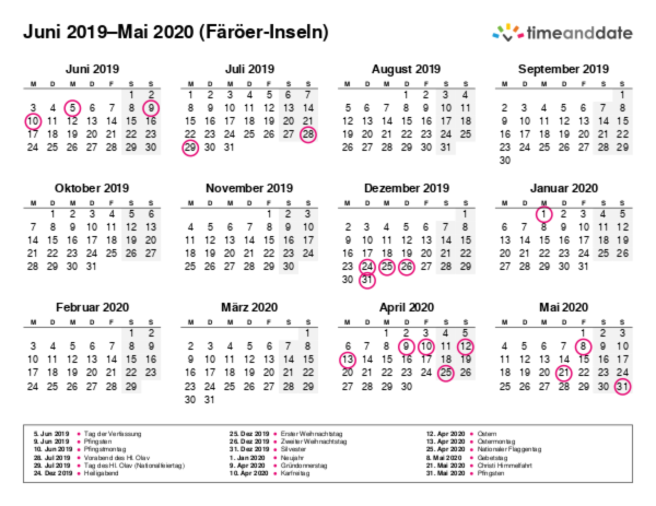 Kalender für 2019 in Färöer-Inseln