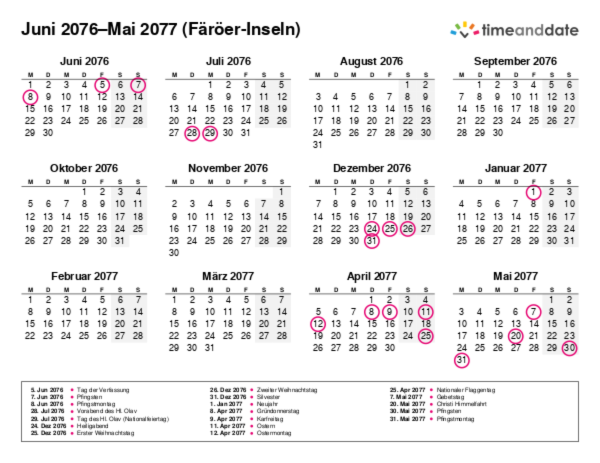 Kalender für 2076 in Färöer-Inseln