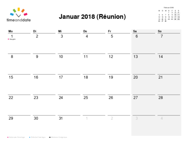 Kalender für 2018 in Réunion