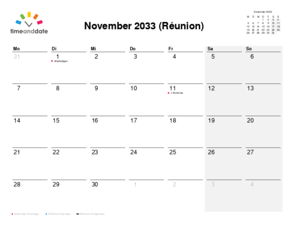 Kalender für 2033 in Réunion