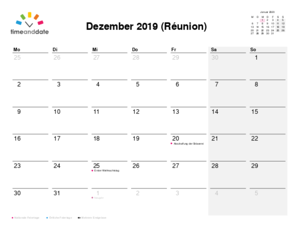 Kalender für 2019 in Réunion