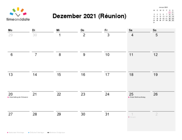 Kalender für 2021 in Réunion