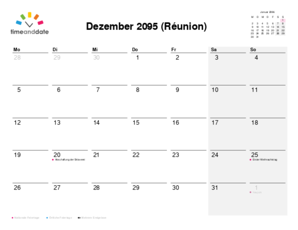 Kalender für 2095 in Réunion