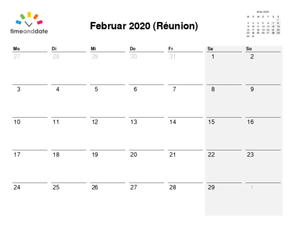 Kalender für 2020 in Réunion
