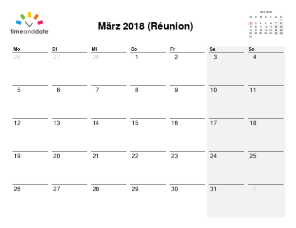 Kalender für 2018 in Réunion