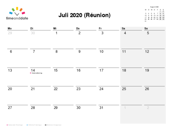 Kalender für 2020 in Réunion