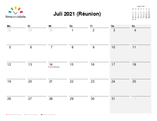 Kalender für 2021 in Réunion