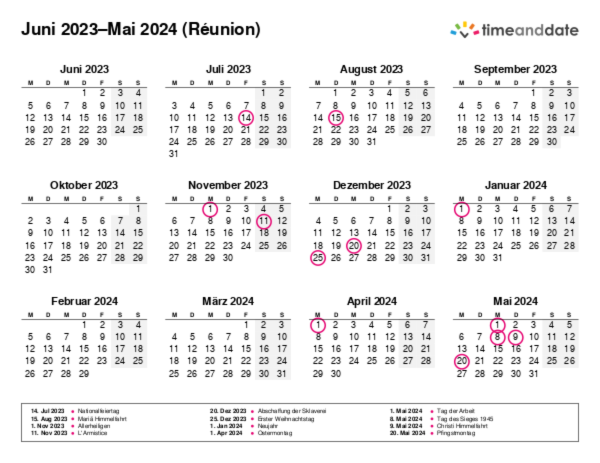 Kalender für 2023 in Réunion