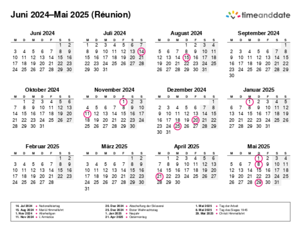 Kalender für 2024 in Réunion