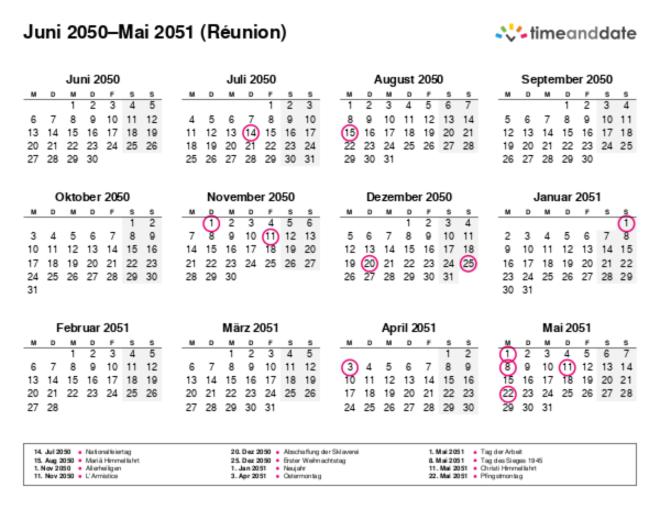 Kalender für 2050 in Réunion