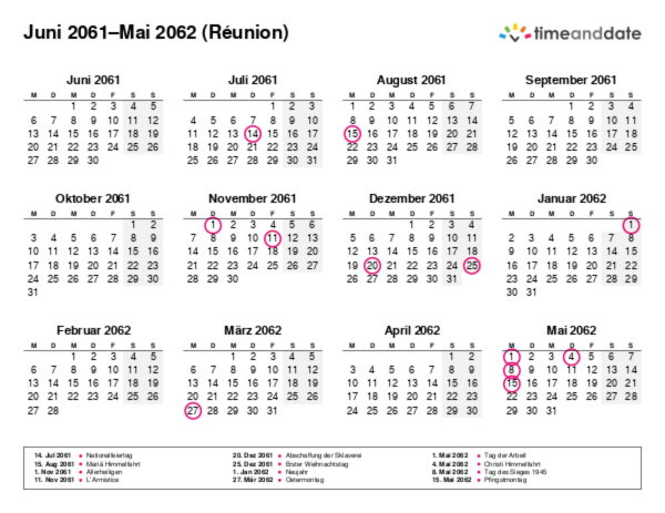 Kalender für 2061 in Réunion