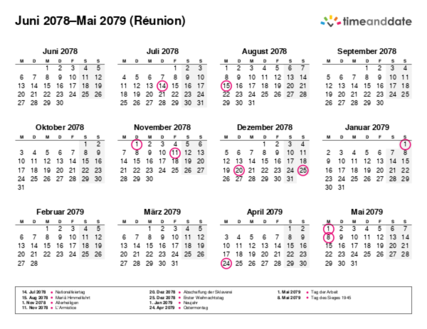 Kalender für 2078 in Réunion