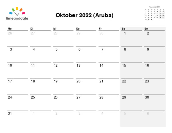Kalender für 2022 in Aruba