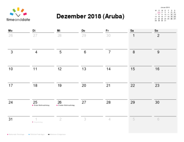 Kalender für 2018 in Aruba