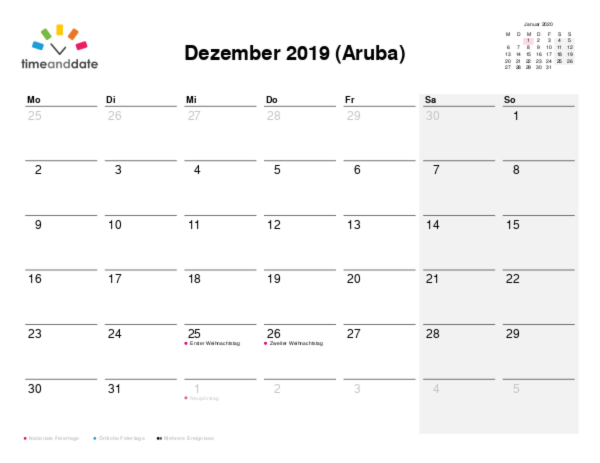 Kalender für 2019 in Aruba