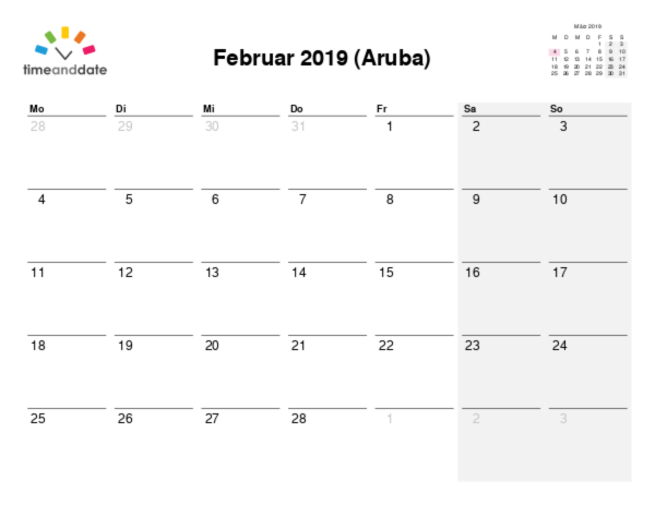 Kalender für 2019 in Aruba