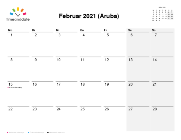 Kalender für 2021 in Aruba