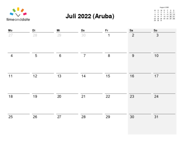 Kalender für 2022 in Aruba