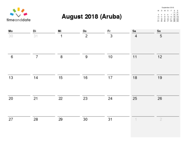 Kalender für 2018 in Aruba