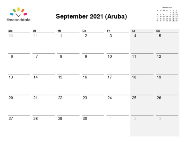 Kalender für 2021 in Aruba