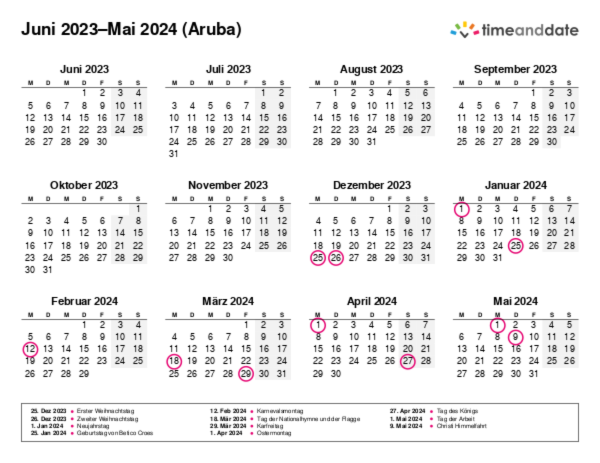 Kalender für 2023 in Aruba