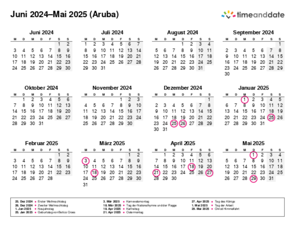 Kalender für 2024 in Aruba