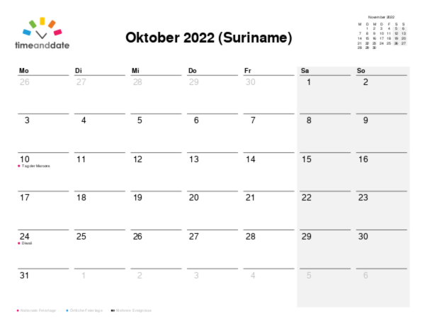 Kalender für 2022 in Suriname