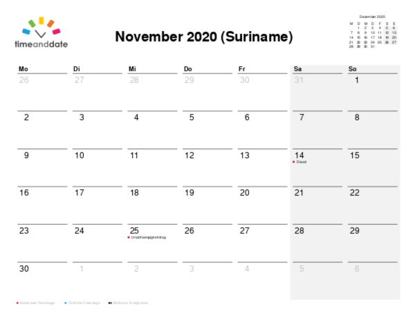 Kalender für 2020 in Suriname