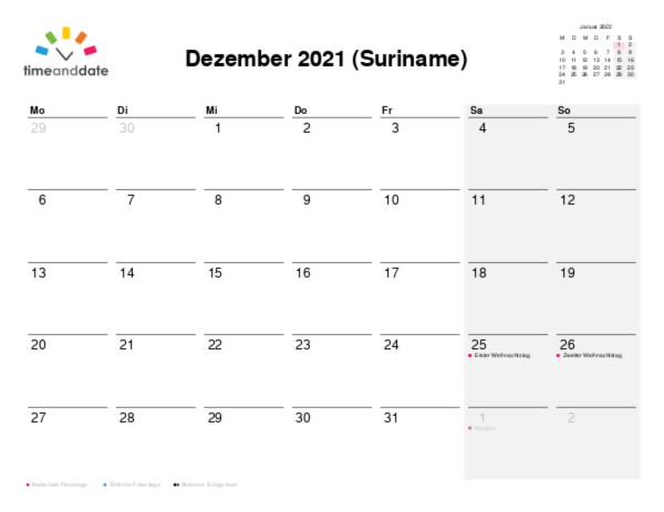 Kalender für 2021 in Suriname
