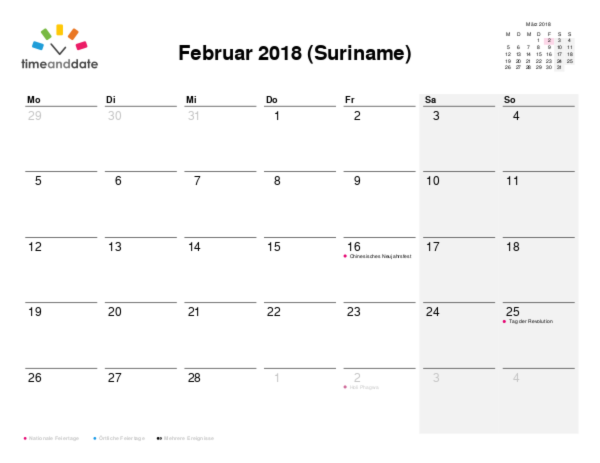 Kalender für 2018 in Suriname